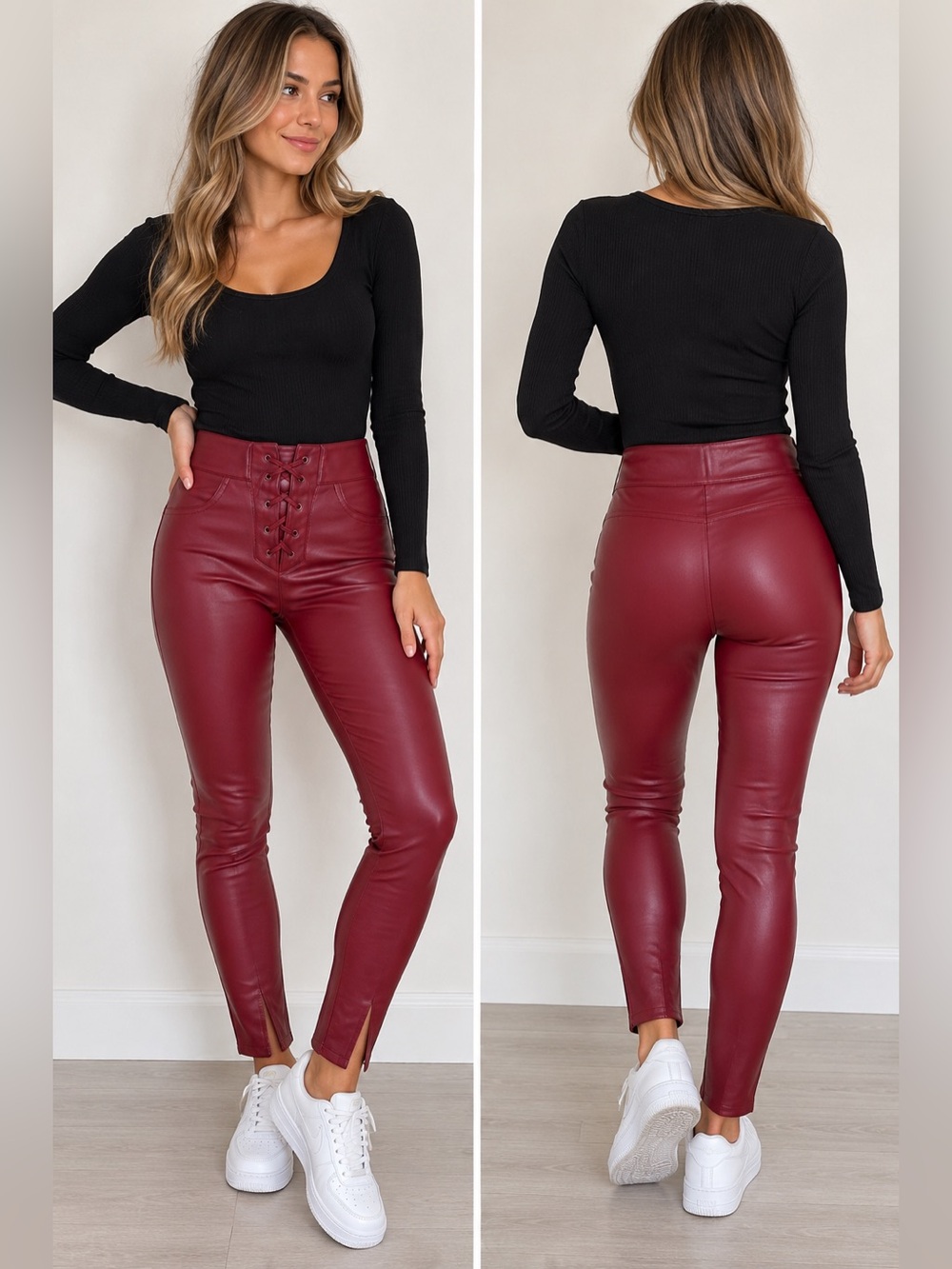 Zara Red Faux Leather High Waisted Lace-Up Leggings Size Small NWT